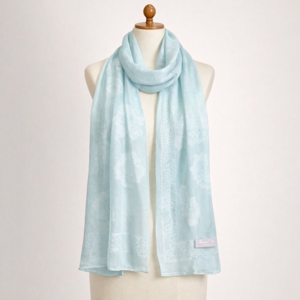 Marina D’Este Silk Jacquard Scarf Seafoam Blue Floral Resort Wrap OS